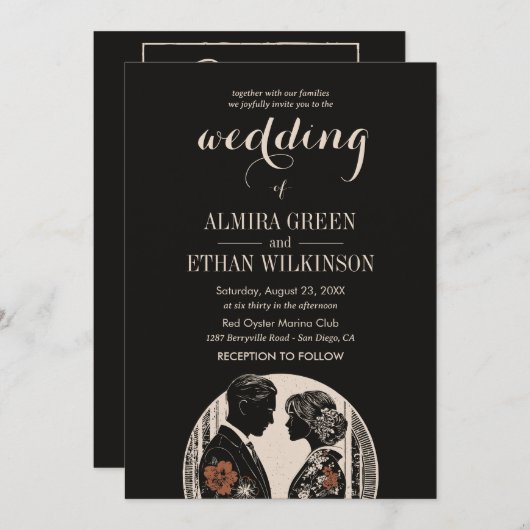 Elegante Zwart & Goud Silhouet bruiloft uitnodigin Kaart (Voorkant / Achterkant)