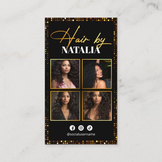 Elegante Zwart Goud Sparkle Foto Hair Stylist Visitekaartje (Achterkant)