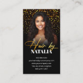 Elegante Zwart Goud Sparkle Foto Hair Stylist Visitekaartje (Voorkant)
