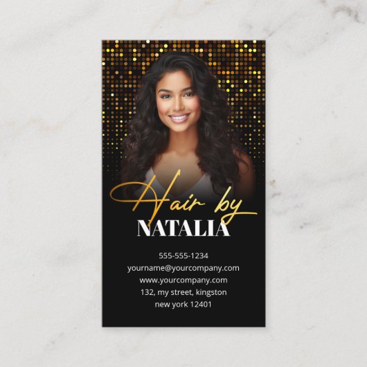 Elegante Zwart Goud Sparkle Foto Hair Stylist Visitekaartje (Voorkant)