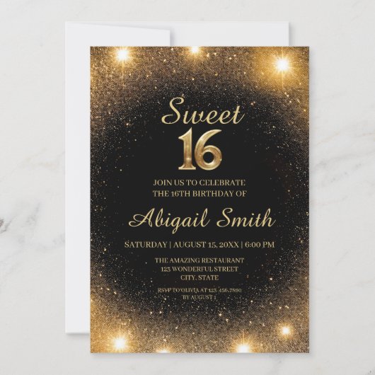 Elegante Zwart & Goud Sparkle Sweet 16 Uitnodiging (Voorkant)
