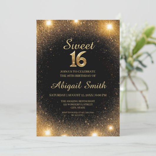 Elegante Zwart & Goud Sparkle Sweet 16 Uitnodiging (Staand voorkant)