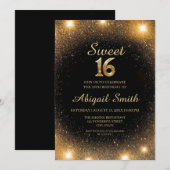 Elegante Zwart & Goud Sparkle Sweet 16 Uitnodiging (Voorkant / Achterkant)
