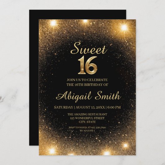 Elegante Zwart & Goud Sparkle Sweet 16 Uitnodiging (Voorkant / Achterkant)