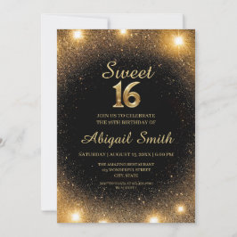 Elegante Zwart & Goud Sparkle Sweet 16 Uitnodiging