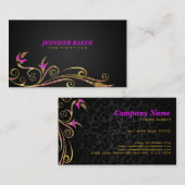 Elegante zwart & goud swirl roze accenten visitekaartje (Voorkant / Achterkant)