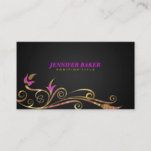 Elegante zwart & goud swirl roze accenten visitekaartje (Voorkant)