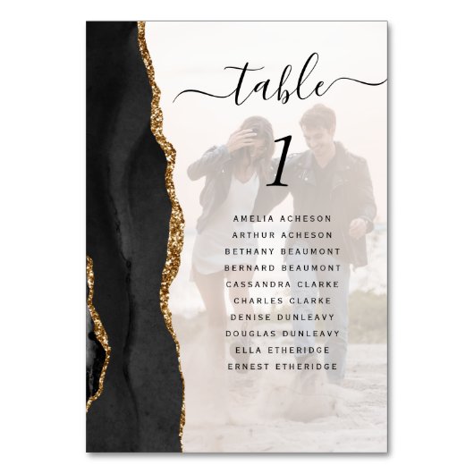 Elegante zwart gouden agaat foto overlay bruiloft kaart (Voorkant)
