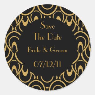 Elegante zwart & gouden art deco bewaar de datumze ronde sticker