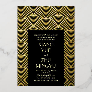 Elegante zwart gouden aziatische bruiloft. Klassie Folie Uitnodiging