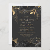 Elegante zwart gouden bloem donkere bruiloft kaart (Voorkant)