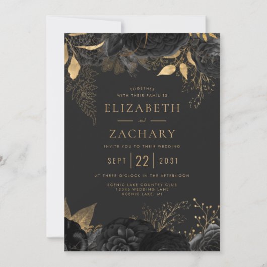 Elegante zwart gouden bloem donkere bruiloft kaart (Voorkant)