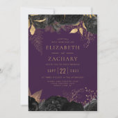 Elegante zwart gouden bloem Paarse bruiloft Kaart (Voorkant)