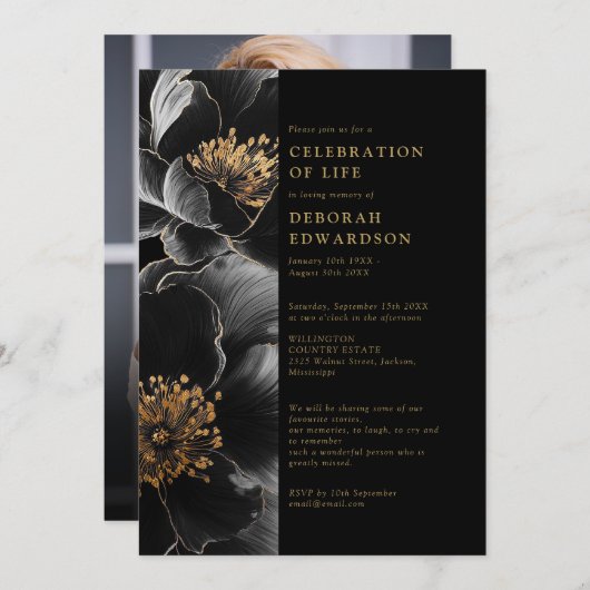 Elegante zwart-gouden bloem viering van het leven kaart (Voorkant / Achterkant)