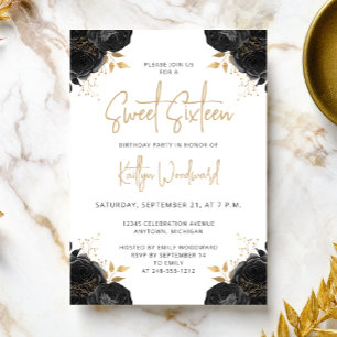 Elegante Zwart Gouden Bloem Wit Sweet 16 Feest Kaart