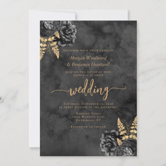Elegante zwart gouden bloemen Waterverf bruiloft Kaart (Voorkant)