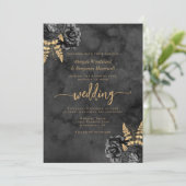 Elegante zwart gouden bloemen Waterverf bruiloft Kaart (Staand voorkant)