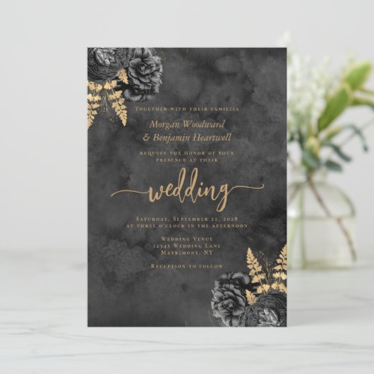 Elegante zwart gouden bloemen Waterverf bruiloft Kaart (Staand voorkant)