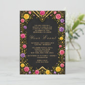 Elegante Zwart Gouden Bloemengala Kaart (Staand voorkant)