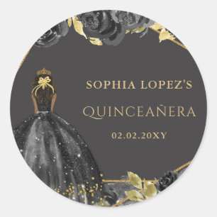 Elegante Zwart Gouden Bloemenkroon Prinses Quincea Ronde Sticker