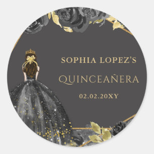 Elegante Zwart Gouden Bloemige Princess Quinceaner Ronde Sticker