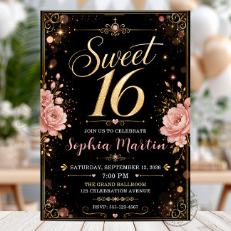 Elegante Zwart Gouden Blush Roze Bloemige Sweet 16 Kaart