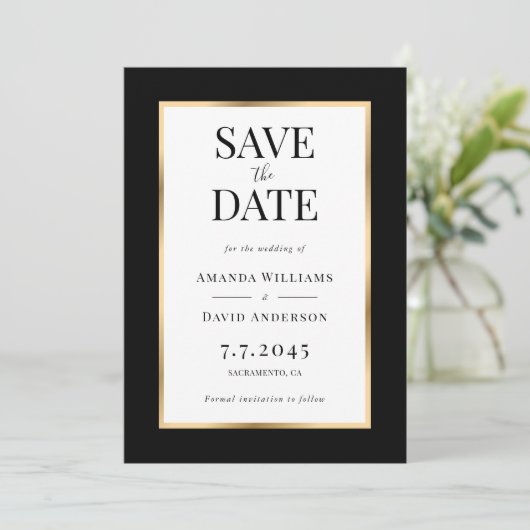 Elegante zwart-gouden bruiloft Save The Date Kaart (Staand voorkant)