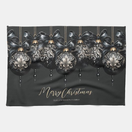 Elegante zwart gouden bubbels luxe kerst theedoek (Horizontaal)