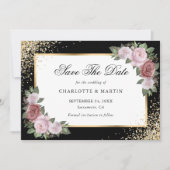 Elegante zwart gouden Confetti blos bloemenbruilof Save The Date (Voorkant)