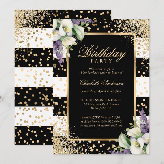 Elegante zwart gouden Confetti Calla Lily Verjaard Kaart (Voorkant / Achterkant)