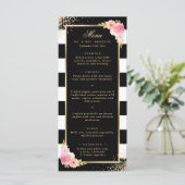 Elegante zwart gouden Confetti roze bloemenbruilof Menu (Staand voorkant)