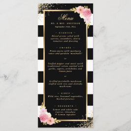 Elegante zwart gouden Confetti roze bloemenbruilof Menu