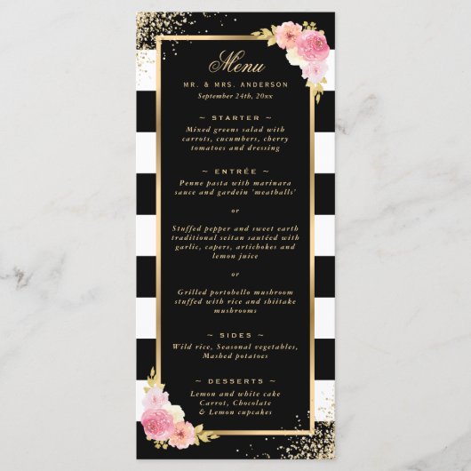 Elegante zwart gouden Confetti roze bloemenbruilof Menu (Voorkant)
