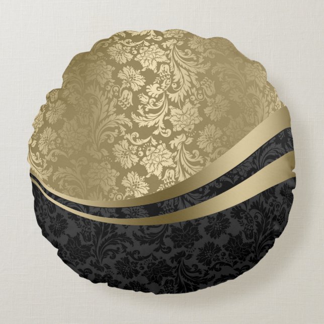 Elegante zwart & gouden damasks dynamische strepen rond kussen (Voorkant)