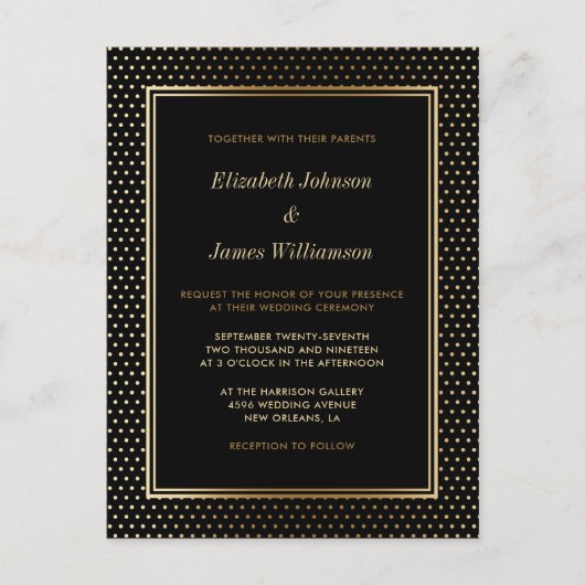 Elegante Zwart & Gouden Folie Polka Dot Wedding Uitnodiging Briefkaart (Voorkant)