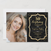 Elegante zwart gouden foto 50e verjaardag kaart (Voorkant)