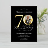 Elegante zwart gouden foto 70e verjaardag folie uitnodiging (Staand Voorkant)