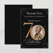 Elegante zwart gouden foto 70e verjaardagsfeest bedankkaart (Voorkant / Achterkant)