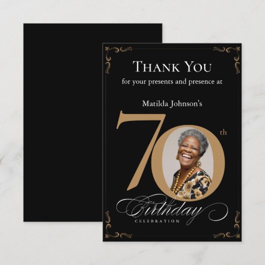 Elegante zwart gouden foto 70e verjaardagsfeest bedankkaart (Voorkant / Achterkant)