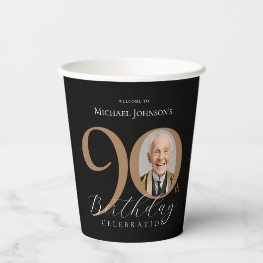 Elegante zwart gouden foto 90e verjaardag papieren bekers (Achterkant)