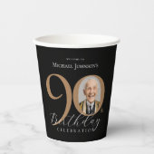 Elegante zwart gouden foto 90e verjaardag papieren bekers (Voorkant)