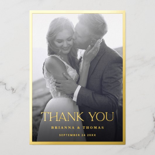 Elegante zwart gouden foto bruiloft dank u kaart (Voorkant)