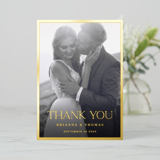 Elegante zwart gouden foto bruiloft dank u kaart (Staand Voorkant)