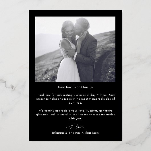 Elegante zwart gouden foto bruiloft dank u kaart (Achterkant)