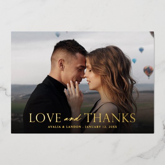 Elegante zwart gouden foto bruiloft dank u kaart (Voorkant)