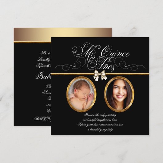 Elegante zwart gouden foto Quinceanera Uitnodiging (Voorkant / Achterkant)
