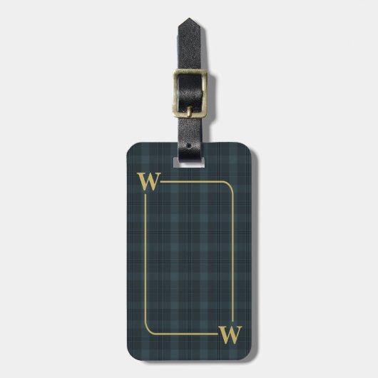 Elegante zwart-gouden geblokte monogram Windowpane Bagagelabel (Voorkant verticaal)