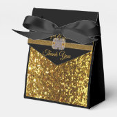 Elegante zwart gouden glitter broche bedankdoosjes (Voorkant Zijde)