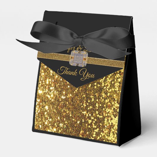Elegante zwart gouden glitter broche bedankdoosjes (Voorkant Zijde)