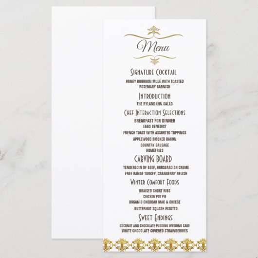Elegante zwart gouden glitter broche bruiloft menu (Voorkant / Achterkant)